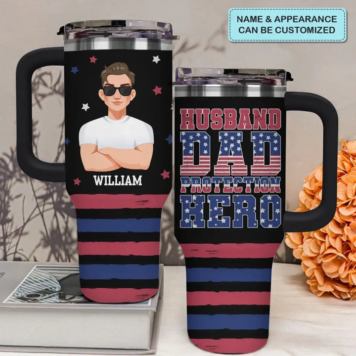 Husband Dad Protection Hero - Personalized Custom Tumbler With Handle - Father's Day Gift For Dad