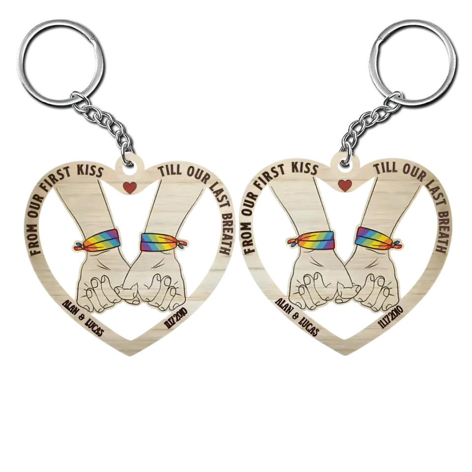 From Our First Kiss - Personalized Custom Wooden Keychain - Anniversary, Pride Month Gift For Couple