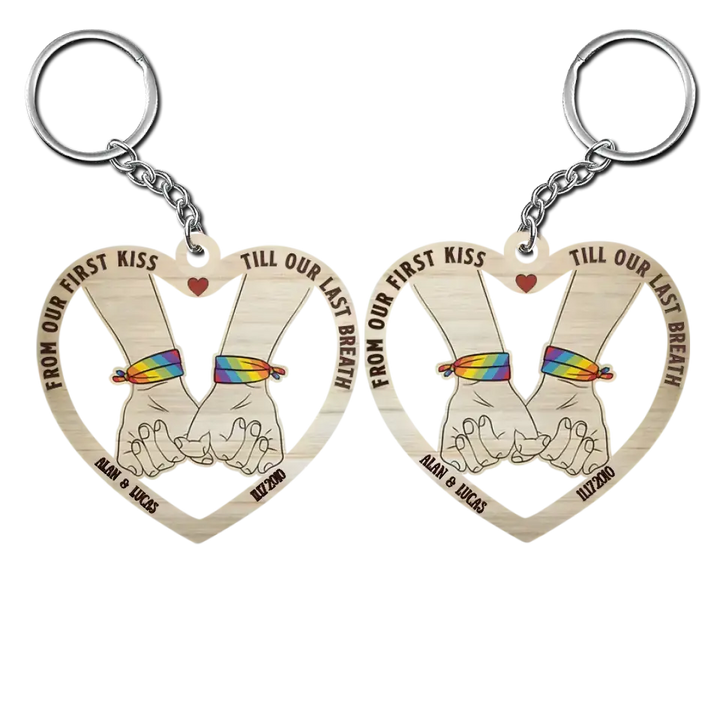 From Our First Kiss - Personalized Custom Wooden Keychain - Anniversary, Pride Month Gift For Couple