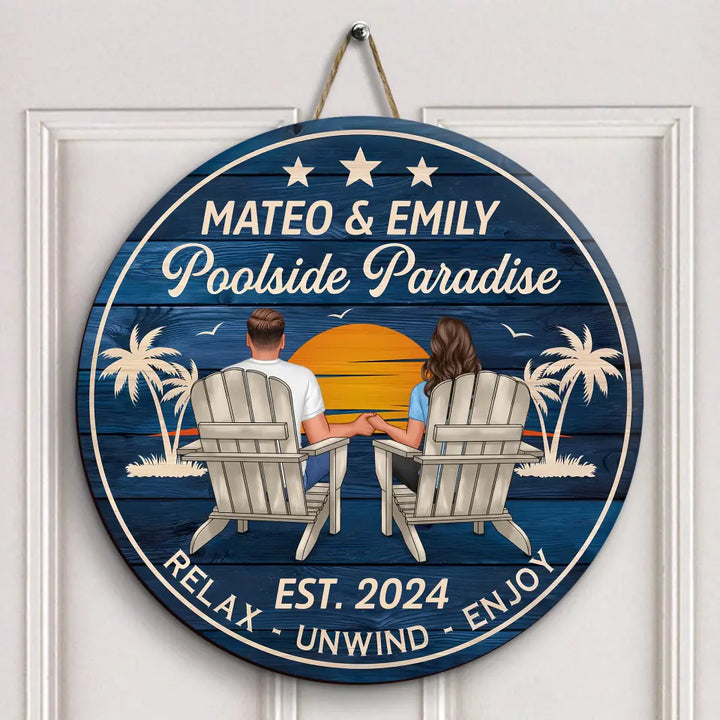 Poolside Paradise - Personalized Custom Door Sign - Summer Gift For Couple