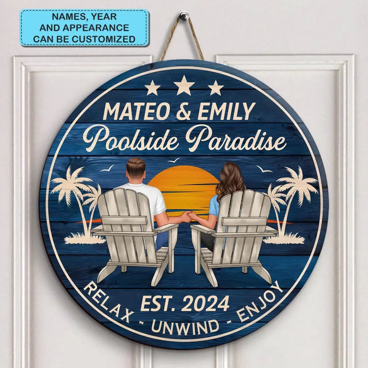 Poolside Paradise - Personalized Custom Door Sign - Summer Gift For Couple