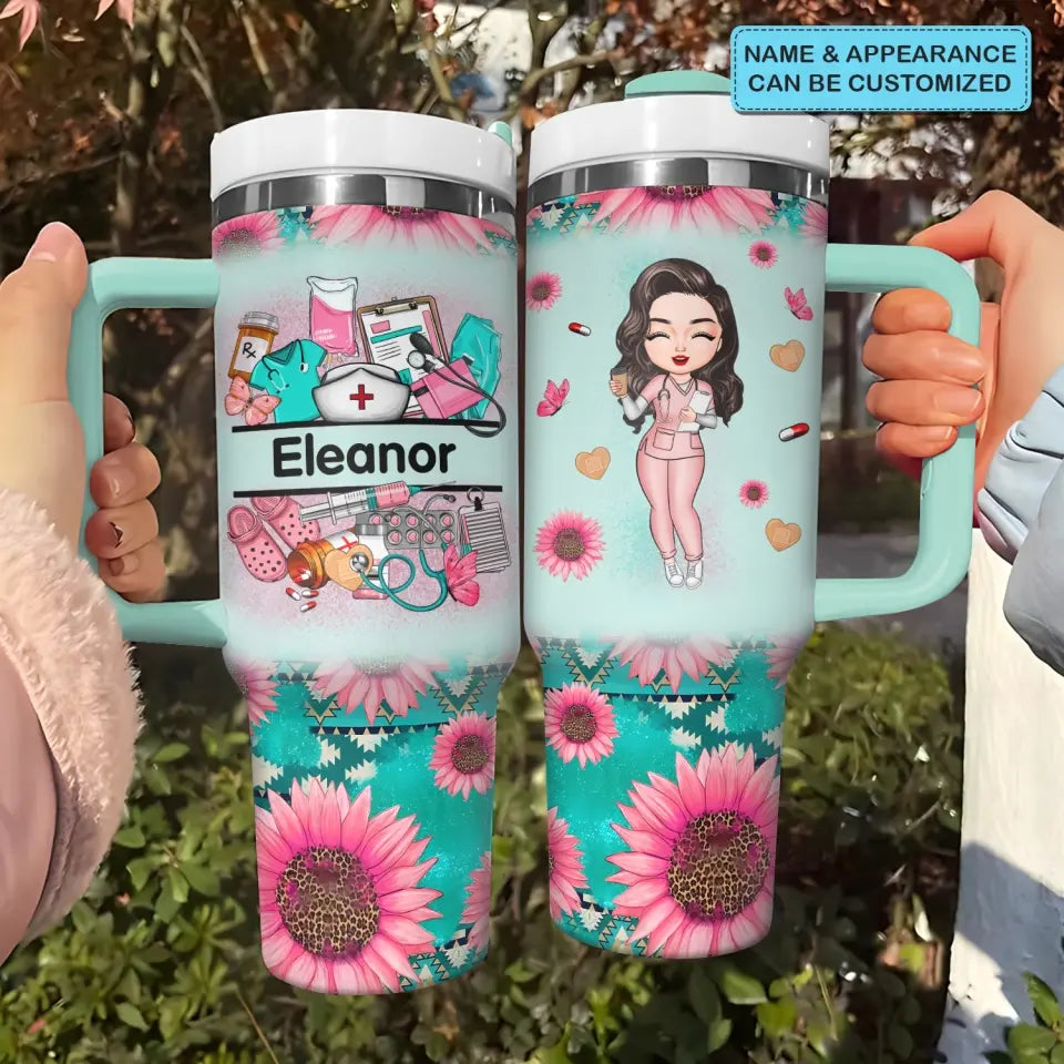 Nurse's Petal Power - Personalized Custom Tumbler With Handle - Appreciation Gift For Nurse