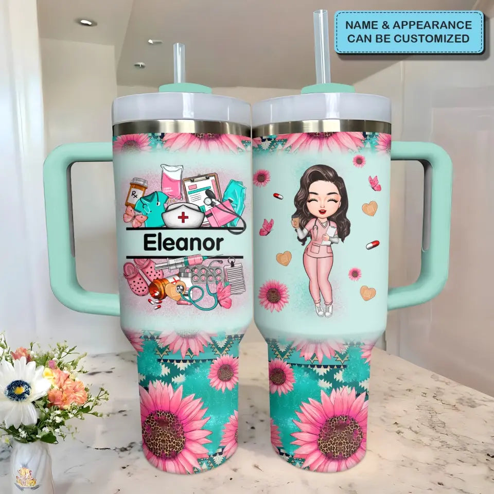 Nurse's Petal Power - Personalized Custom Tumbler With Handle - Appreciation Gift For Nurse