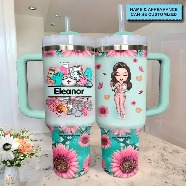 Nurse's Petal Power - Personalized Custom Tumbler With Handle - Appreciation Gift For Nurse