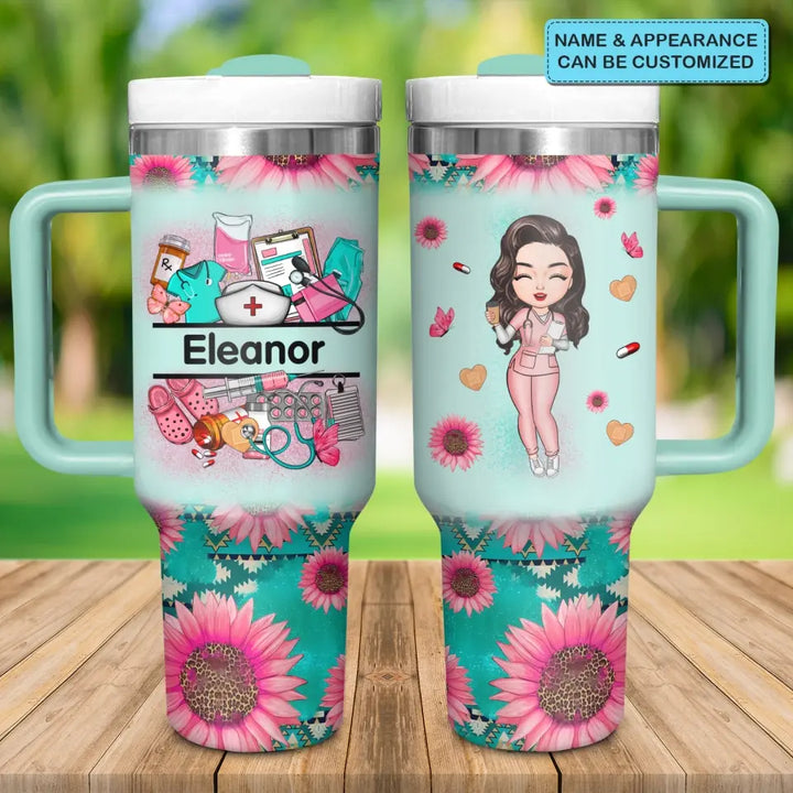 Nurse's Petal Power - Personalized Custom Tumbler With Handle - Appreciation Gift For Nurse