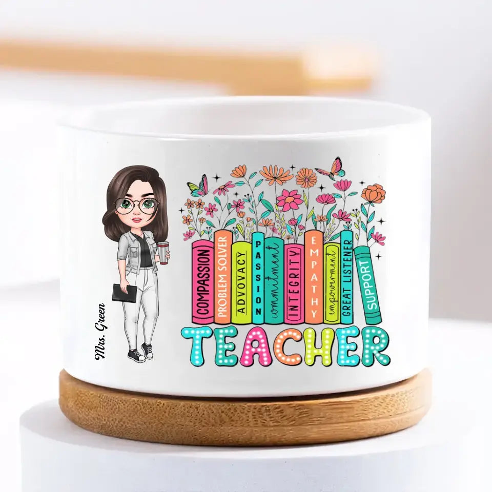 Teacher Bookshelf Wildflowers - Personalized Custom Plant Pot - Teacher's Day, Appreciation Gift For Teacher