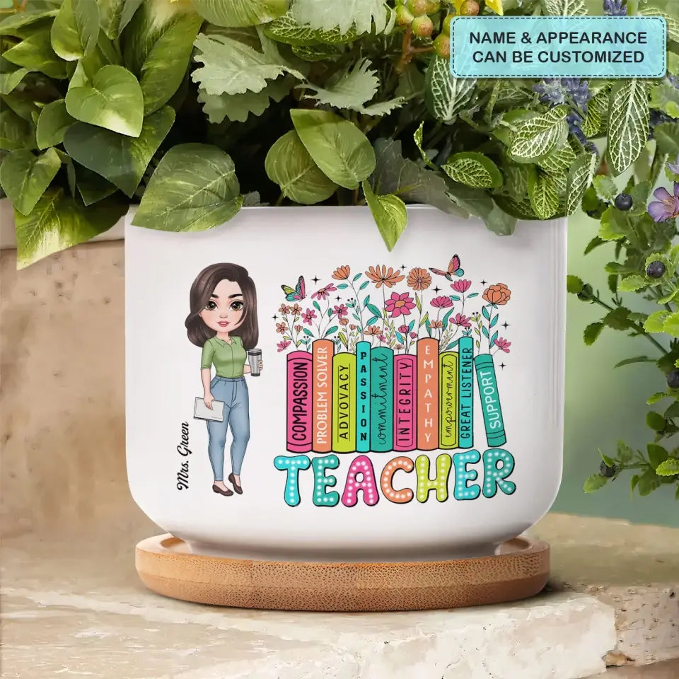 Teacher Bookshelf Wildflowers - Personalized Custom Plant Pot - Teacher's Day, Appreciation Gift For Teacher