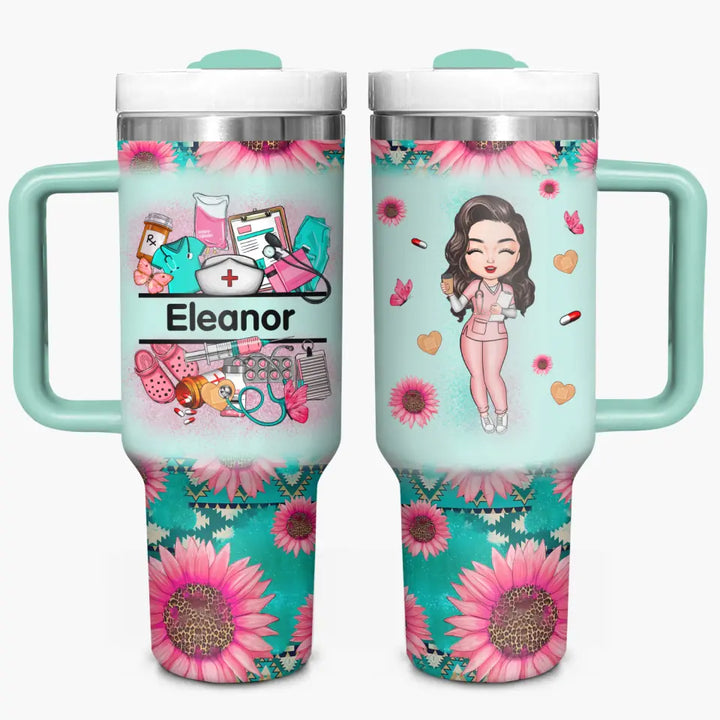 Nurse's Petal Power - Personalized Custom Tumbler With Handle - Appreciation Gift For Nurse