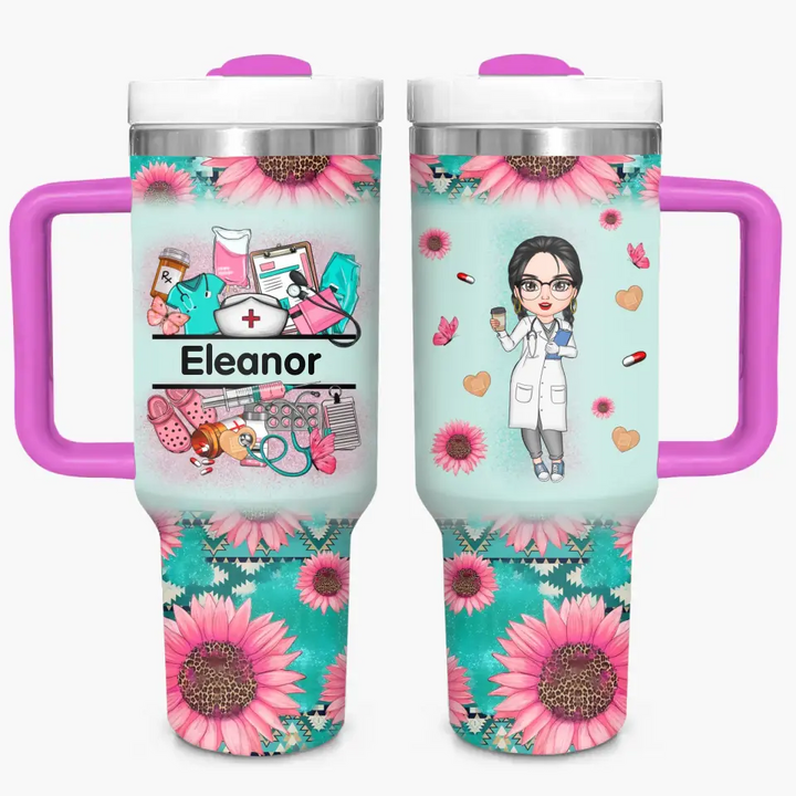 Nurse's Petal Power - Personalized Custom Tumbler With Handle - Appreciation Gift For Nurse