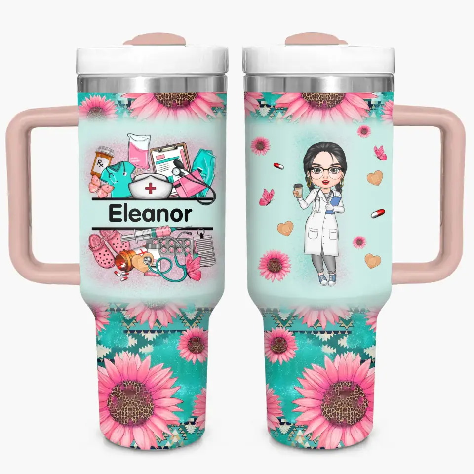Nurse's Petal Power - Personalized Custom Tumbler With Handle - Appreciation Gift For Nurse