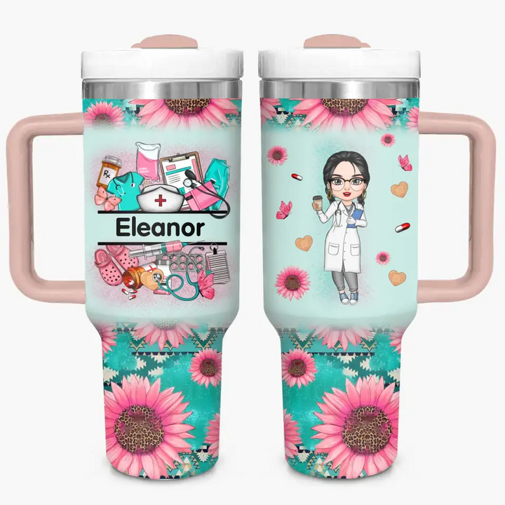 Nurse's Petal Power - Personalized Custom Tumbler With Handle - Appreciation Gift For Nurse