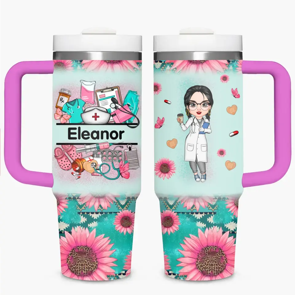 Nurse's Petal Power - Personalized Custom Tumbler With Handle - Appreciation Gift For Nurse