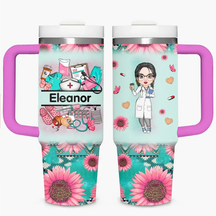 Nurse's Petal Power - Personalized Custom Tumbler With Handle - Appreciation Gift For Nurse