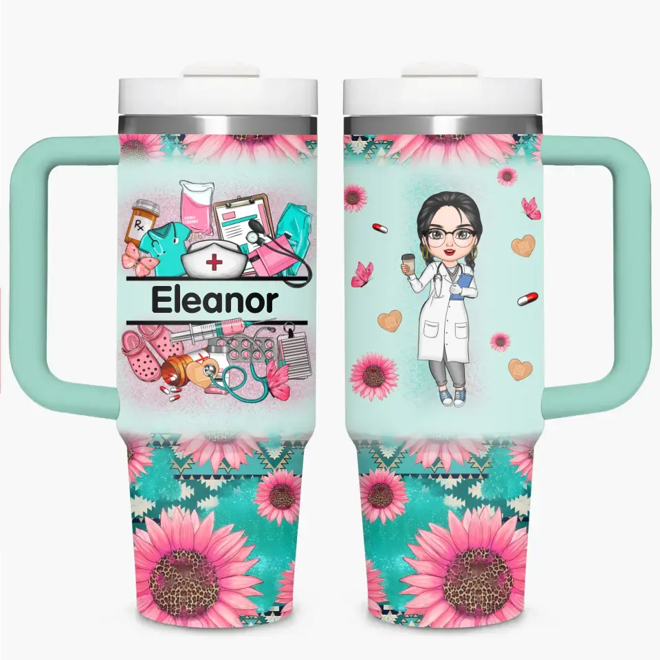 Nurse's Petal Power - Personalized Custom Tumbler With Handle - Appreciation Gift For Nurse