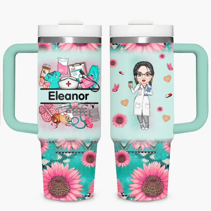 Nurse's Petal Power - Personalized Custom Tumbler With Handle - Appreciation Gift For Nurse