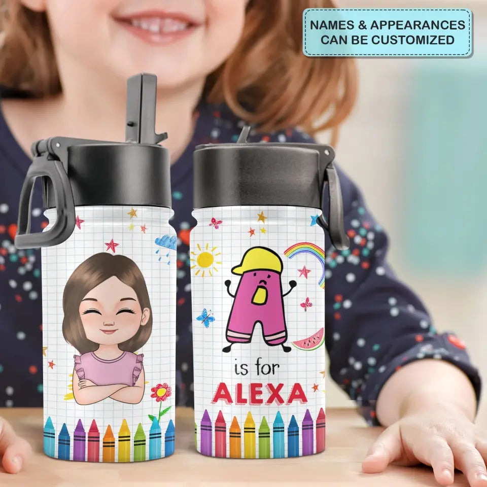 Kid Pencil - Personalized Custom Kids Insulated Bottle - Birthday, Back To School, Kindergarten, First, Second, Third, Fourth, Fifth Grade, Pre-K Gift For Kid