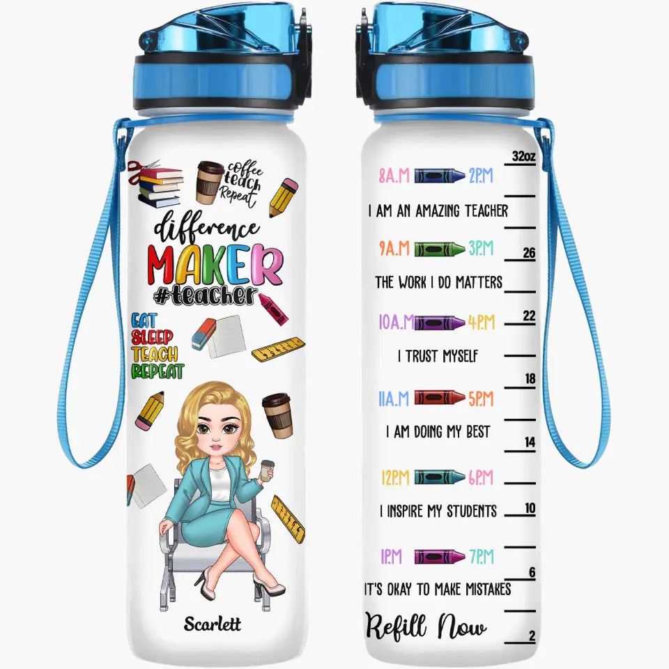 Teacher Fuel - Personalized Custom Water Tracker Bottle - Teacher's Day, Appreciation Gift For Teacher