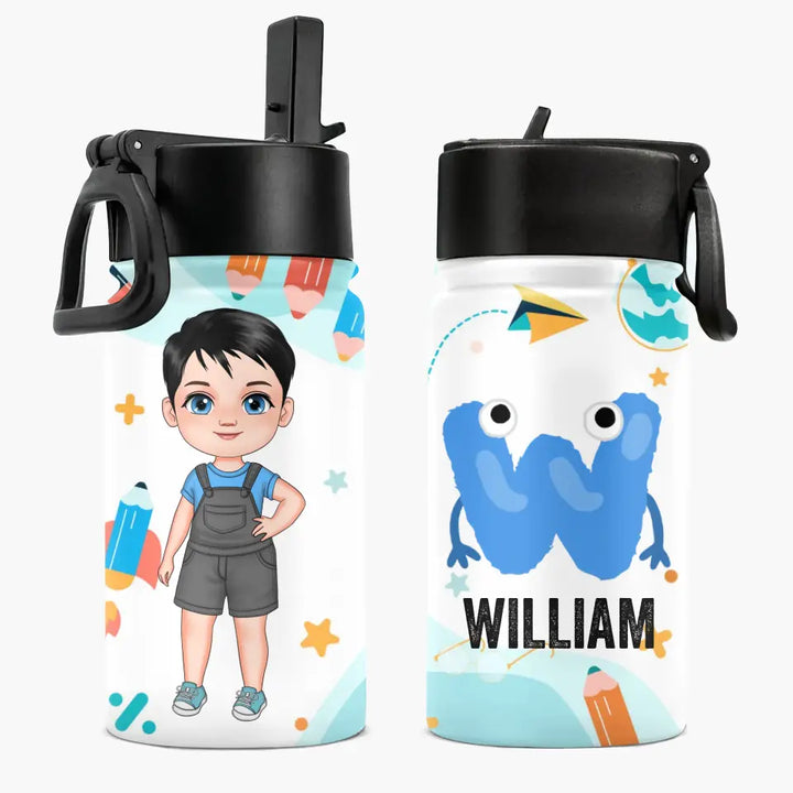 Kid Letter School - Personalized Custom Kids Insulated Bottle - Birthday, Back To School, Kindergarten, First, Second, Third, Fourth, Fifth Grade, Pre-K Gift For Kid