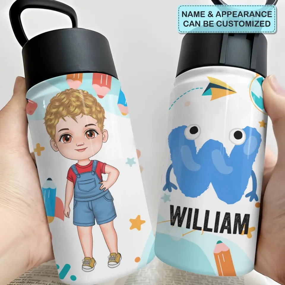 Kid Letter School - Personalized Custom Kids Insulated Bottle - Birthday, Back To School, Kindergarten, First, Second, Third, Fourth, Fifth Grade, Pre-K Gift For Kid