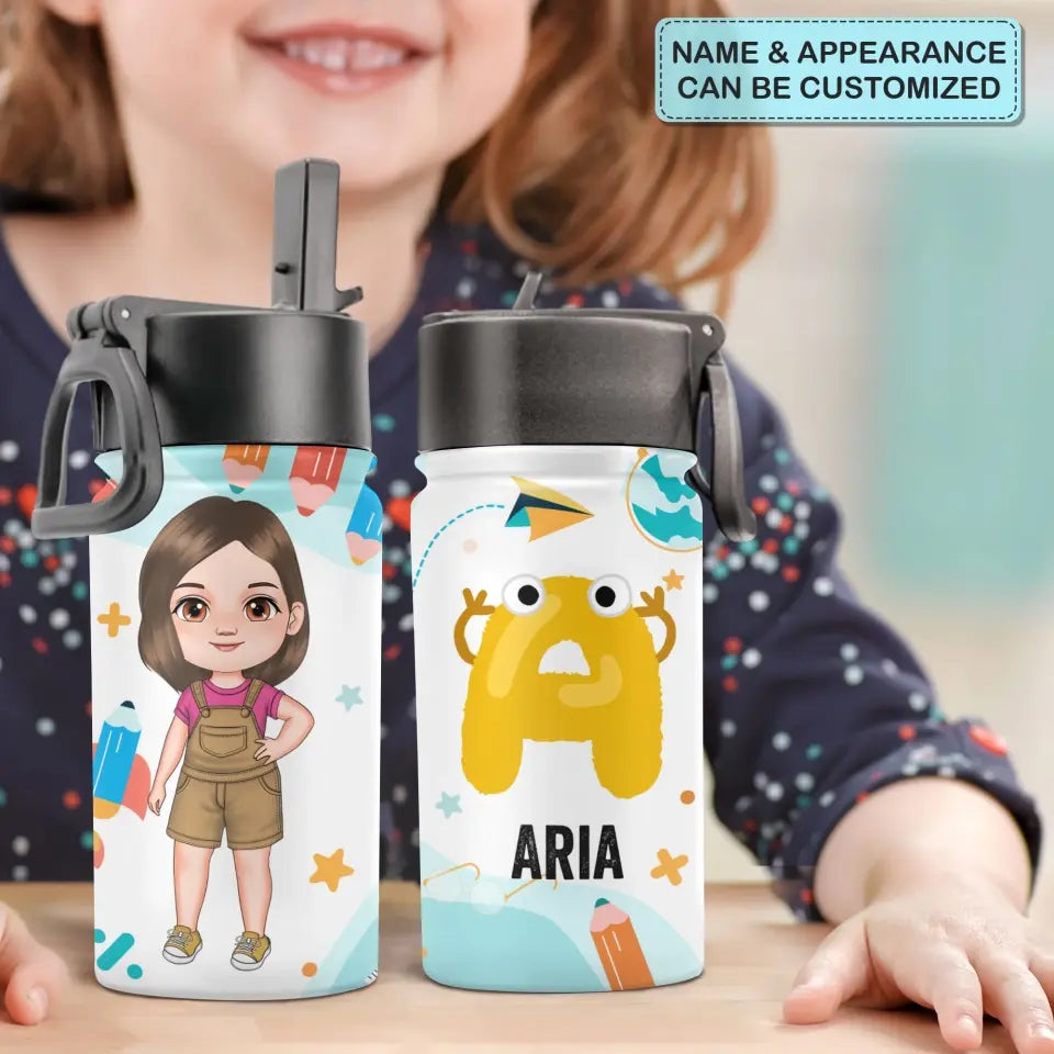 Kid Letter School - Personalized Custom Kids Insulated Bottle - Birthday, Back To School, Kindergarten, First, Second, Third, Fourth, Fifth Grade, Pre-K Gift For Kid