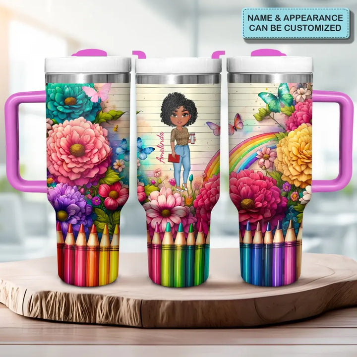 Floral Fantasy Teacher - Personalized Custom Tumbler With Handle - Teacher's Day, Appreciation Gift For Teacher