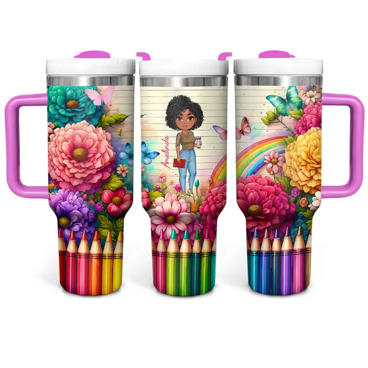 Floral Fantasy Teacher - Personalized Custom Tumbler With Handle - Teacher's Day, Appreciation Gift For Teacher