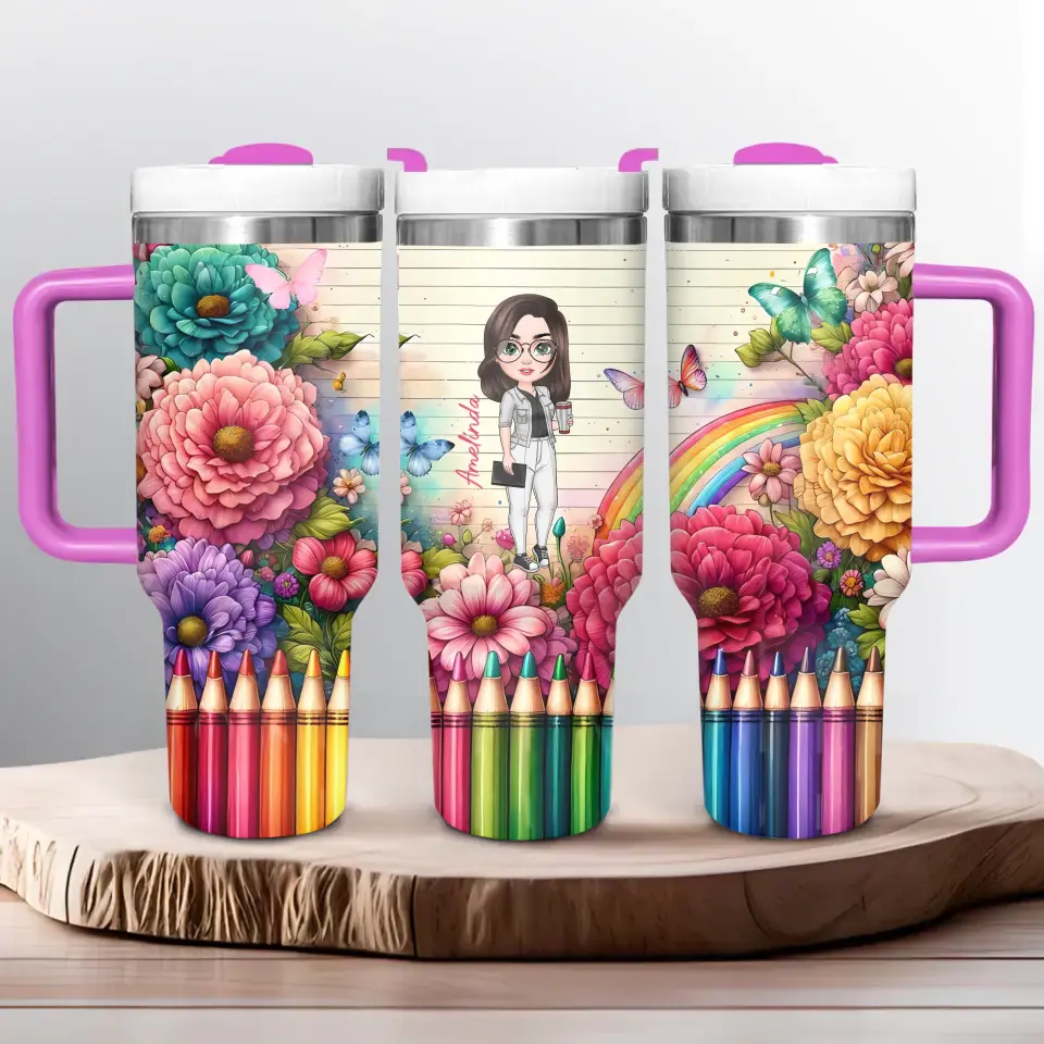 Floral Fantasy Teacher - Personalized Custom Tumbler With Handle - Teacher's Day, Appreciation Gift For Teacher