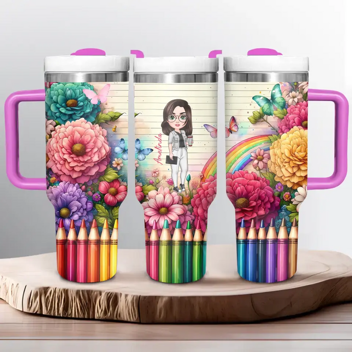 Floral Fantasy Teacher - Personalized Custom Tumbler With Handle - Teacher's Day, Appreciation Gift For Teacher