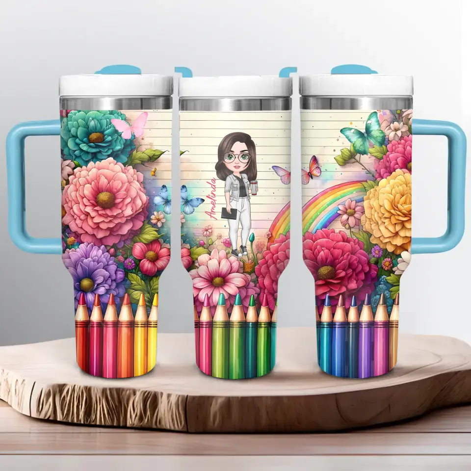 Floral Fantasy Teacher - Personalized Custom Tumbler With Handle - Teacher's Day, Appreciation Gift For Teacher