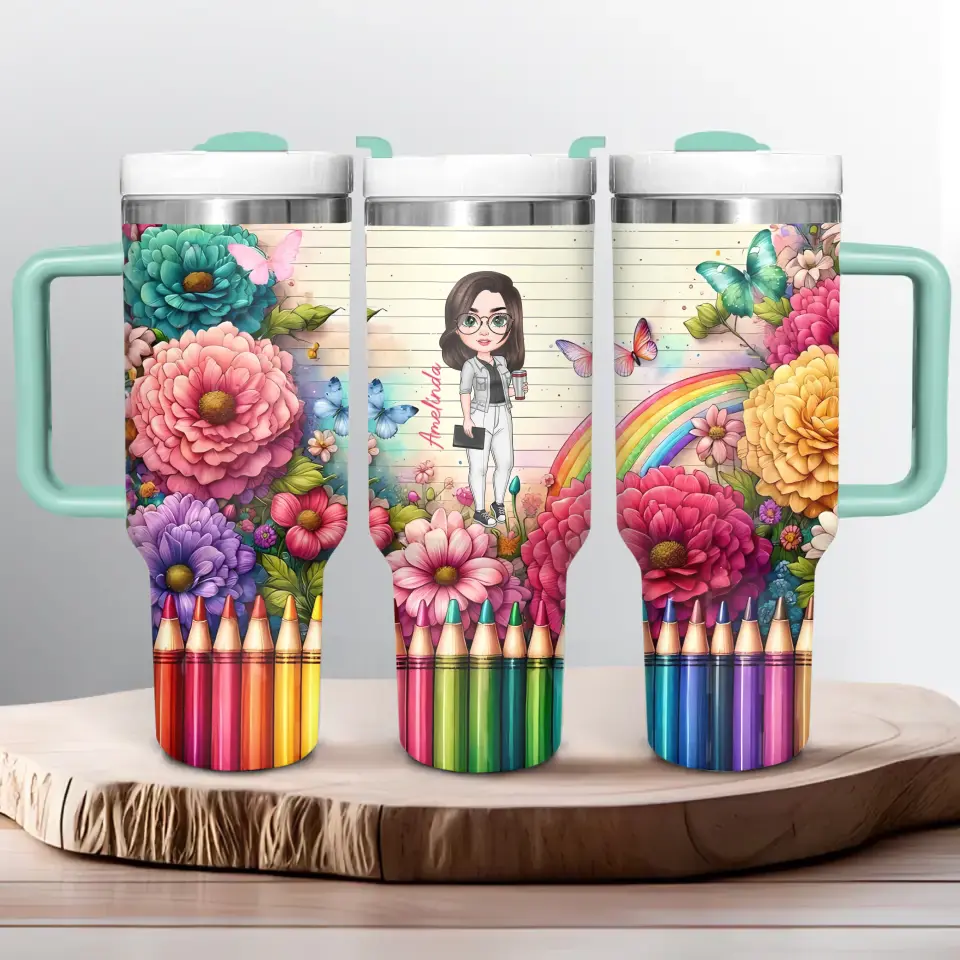 Floral Fantasy Teacher - Personalized Custom Tumbler With Handle - Teacher's Day, Appreciation Gift For Teacher