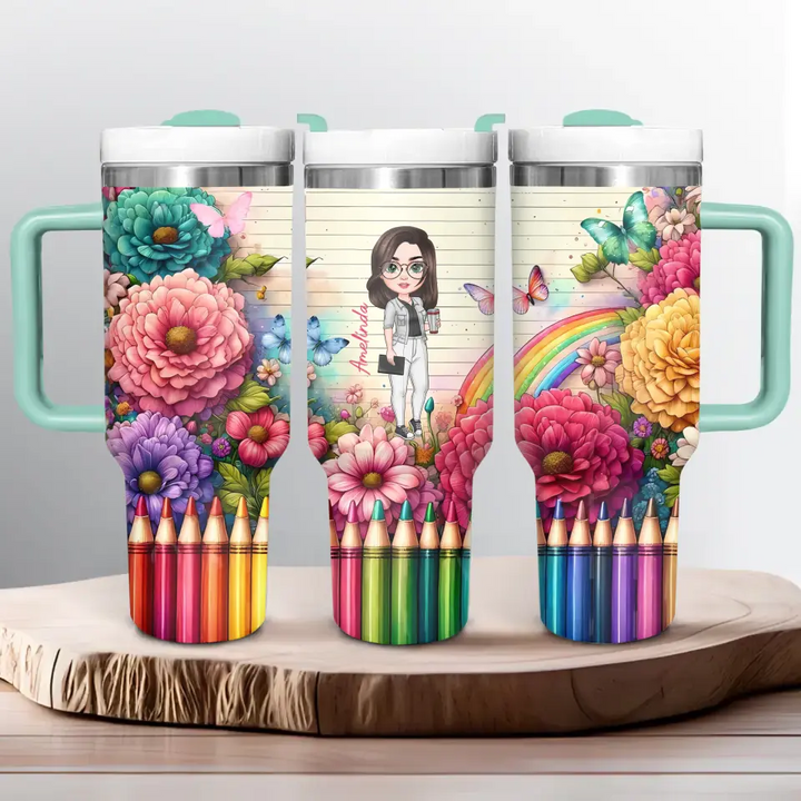 Floral Fantasy Teacher - Personalized Custom Tumbler With Handle - Teacher's Day, Appreciation Gift For Teacher