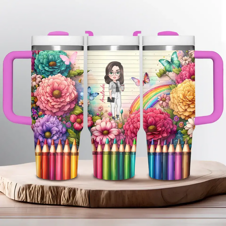 Floral Fantasy Teacher - Personalized Custom Tumbler With Handle - Teacher's Day, Appreciation Gift For Teacher