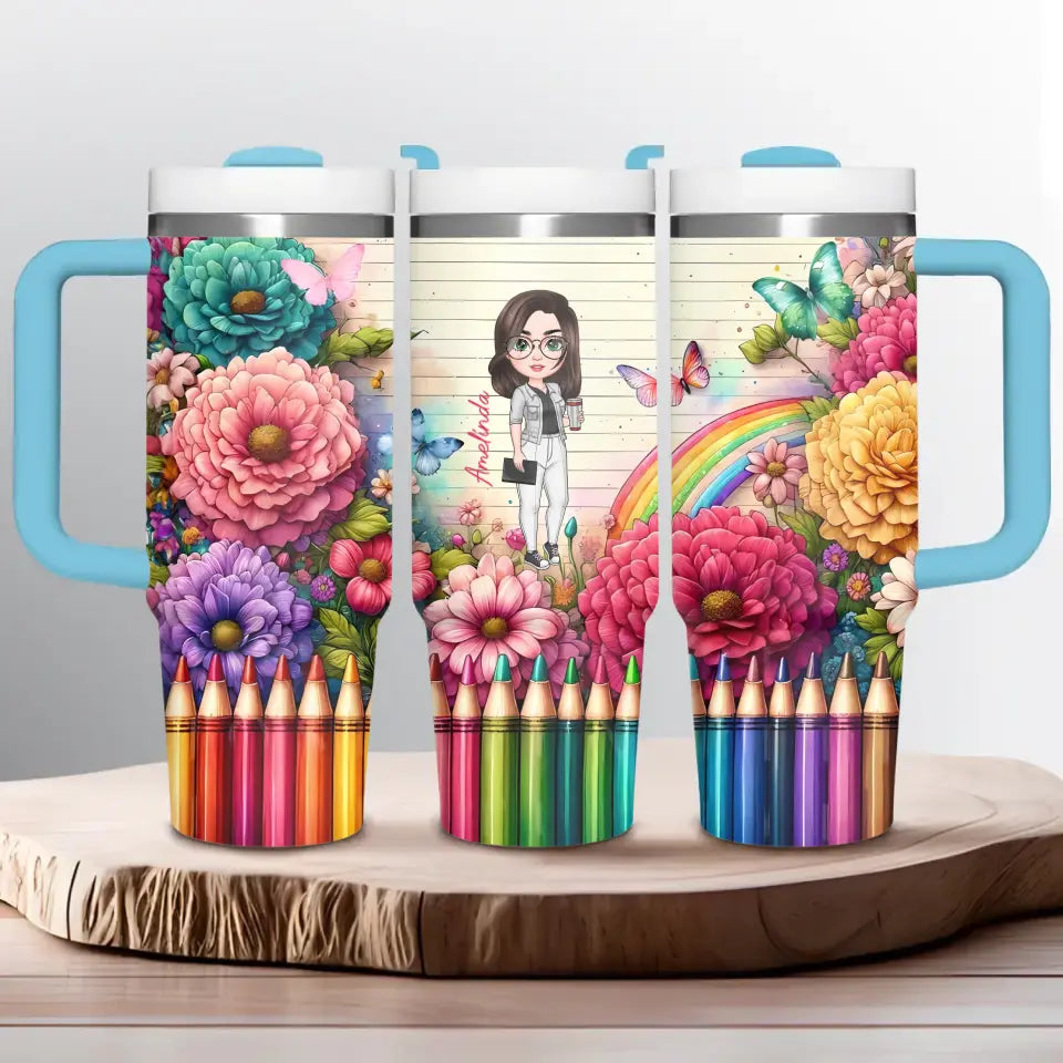 Floral Fantasy Teacher - Personalized Custom Tumbler With Handle - Teacher's Day, Appreciation Gift For Teacher
