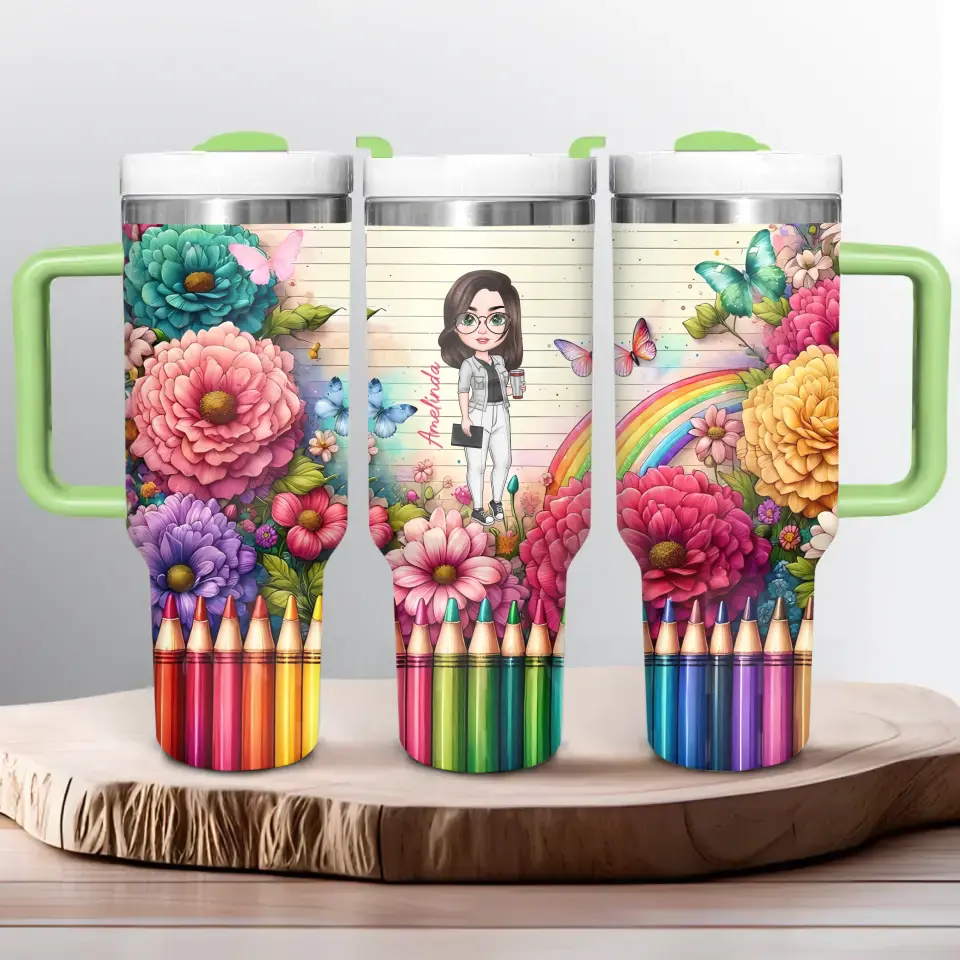 Floral Fantasy Teacher - Personalized Custom Tumbler With Handle - Teacher's Day, Appreciation Gift For Teacher