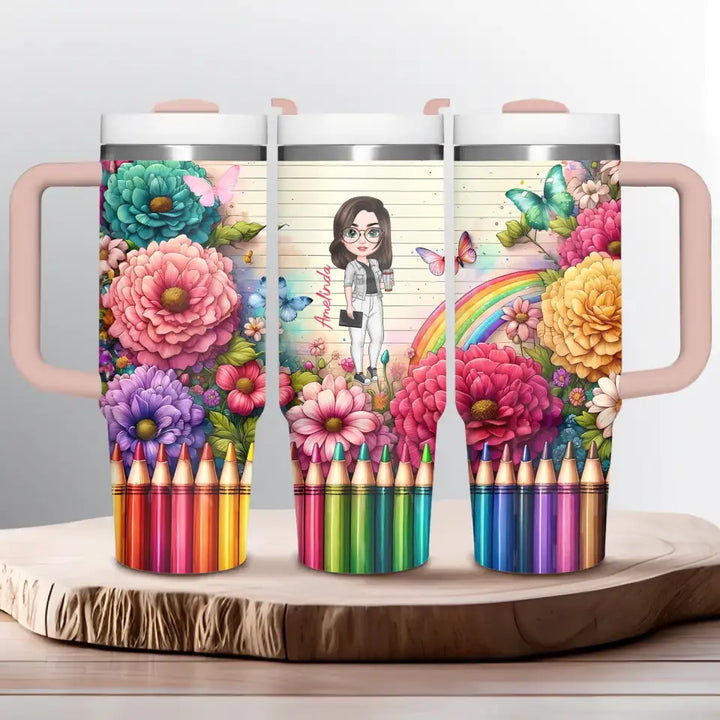 Floral Fantasy Teacher - Personalized Custom Tumbler With Handle - Teacher's Day, Appreciation Gift For Teacher