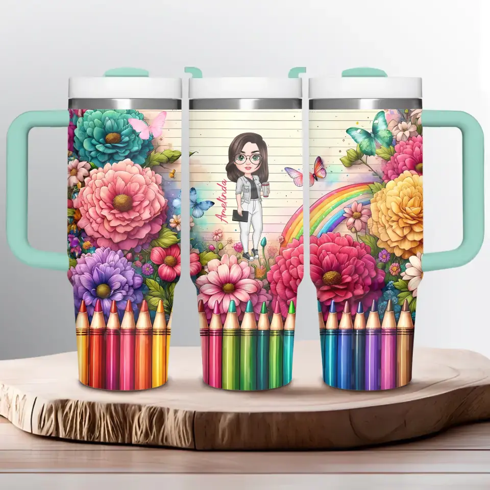 Floral Fantasy Teacher - Personalized Custom Tumbler With Handle - Teacher's Day, Appreciation Gift For Teacher