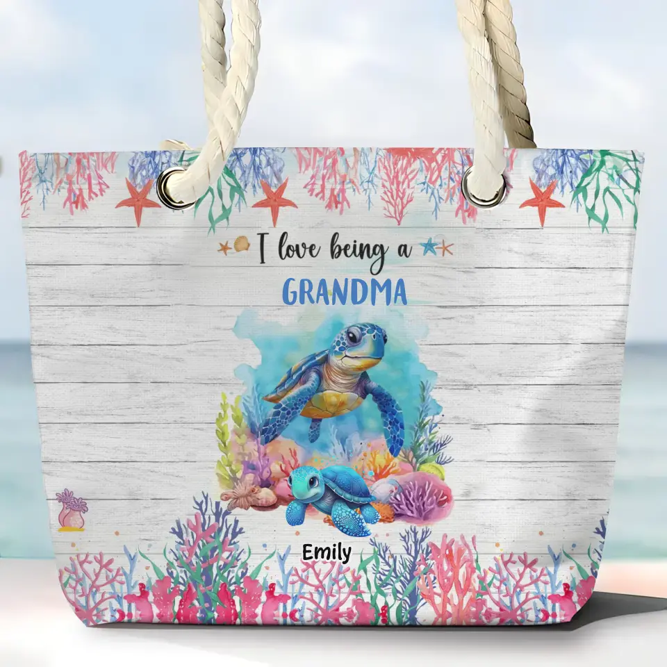 I Love Being A Grandma Turtle - Personalized Custom Beach Bag - Vacation Gift, Summer Gift For Grandma, Family Members