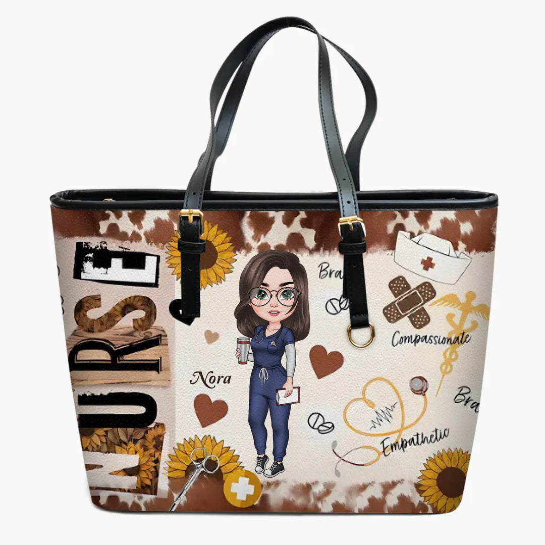 Brown Leopard Nurse - Personalized Custom Leather Bucket Bag - Nurse's Day, Appreciation Gift For Nurse