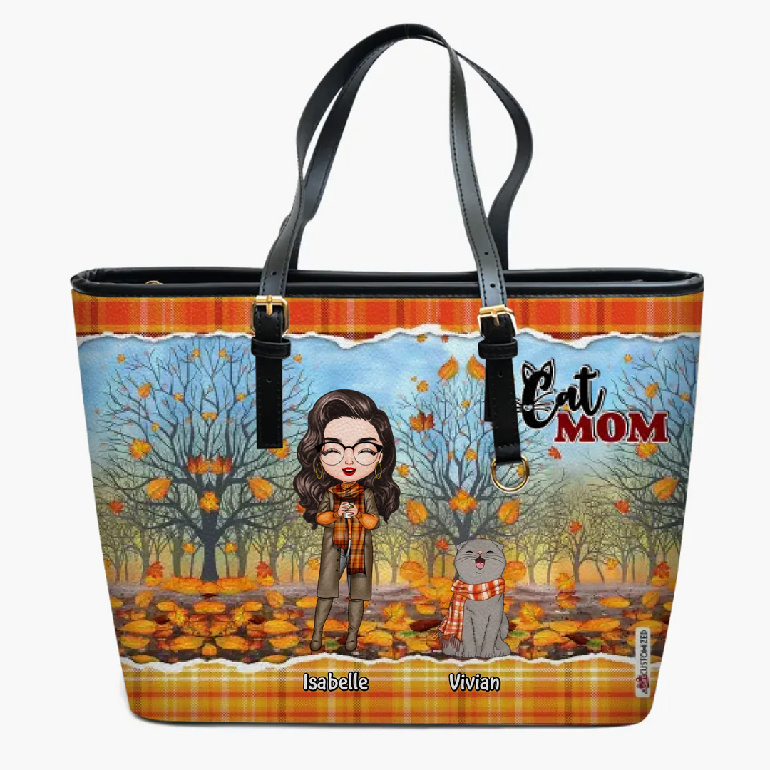 Personalized Custom Leather Bucket Bag - Fall Gift For Cat Lover, Cat Mom - Cat Mom Fall