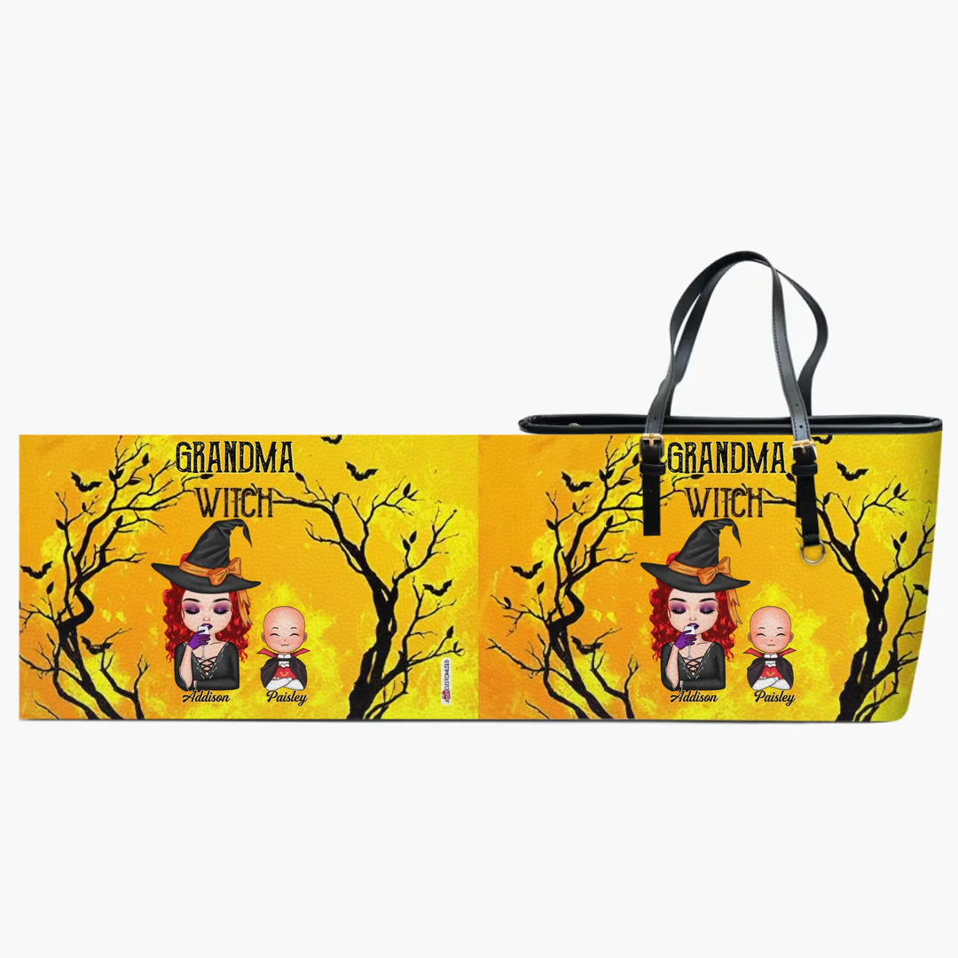 Personalized Custom Leather Bucket Bag - Halloween, Mother's Day Gift For Grandma, Mom - Grandma Witch