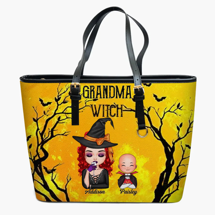 Personalized Custom Leather Bucket Bag - Halloween, Mother's Day Gift For Grandma, Mom - Grandma Witch