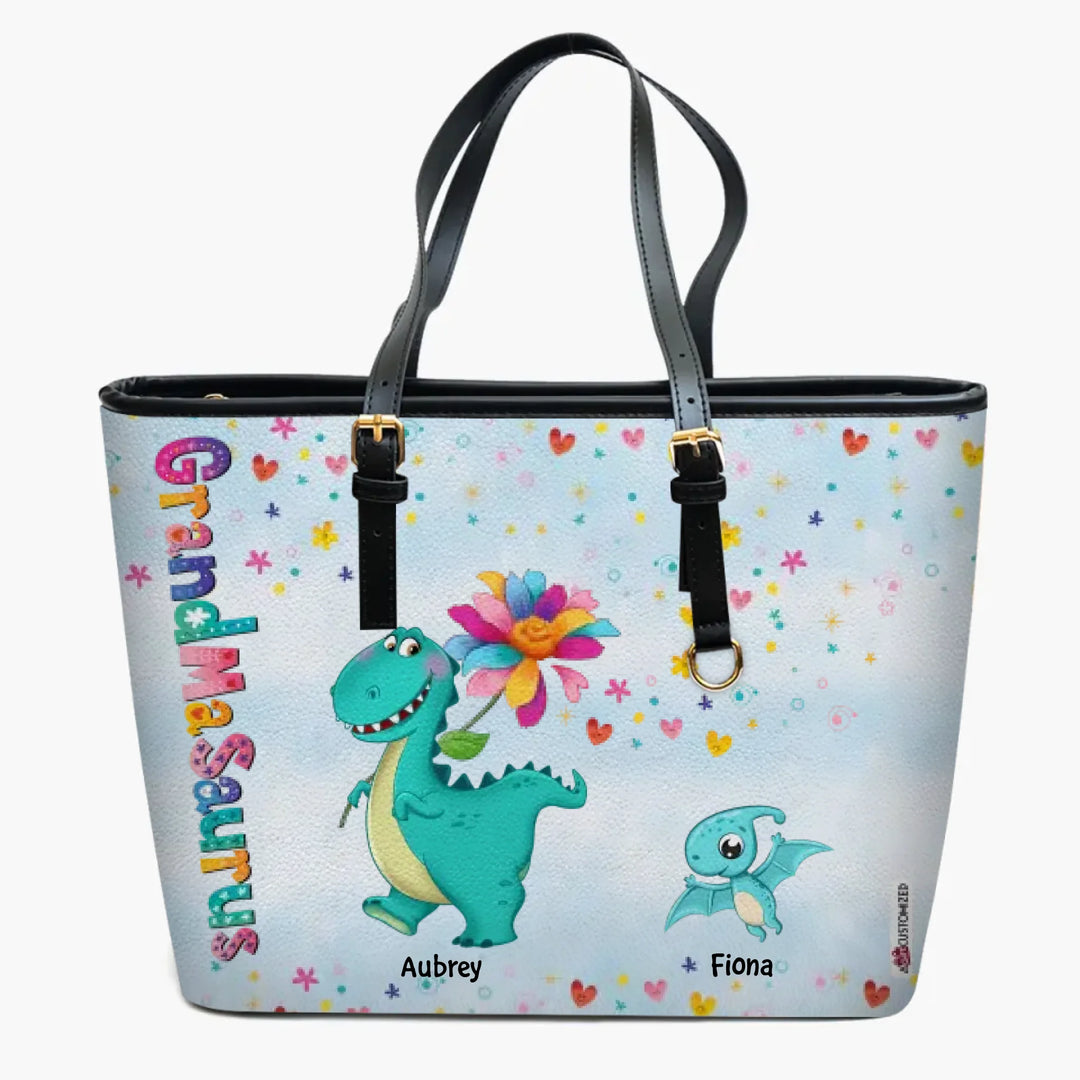 Personalized Custom Leather Bucket Bag - Mother's Day Gift For Grandma, Mom - Grandmasaurus