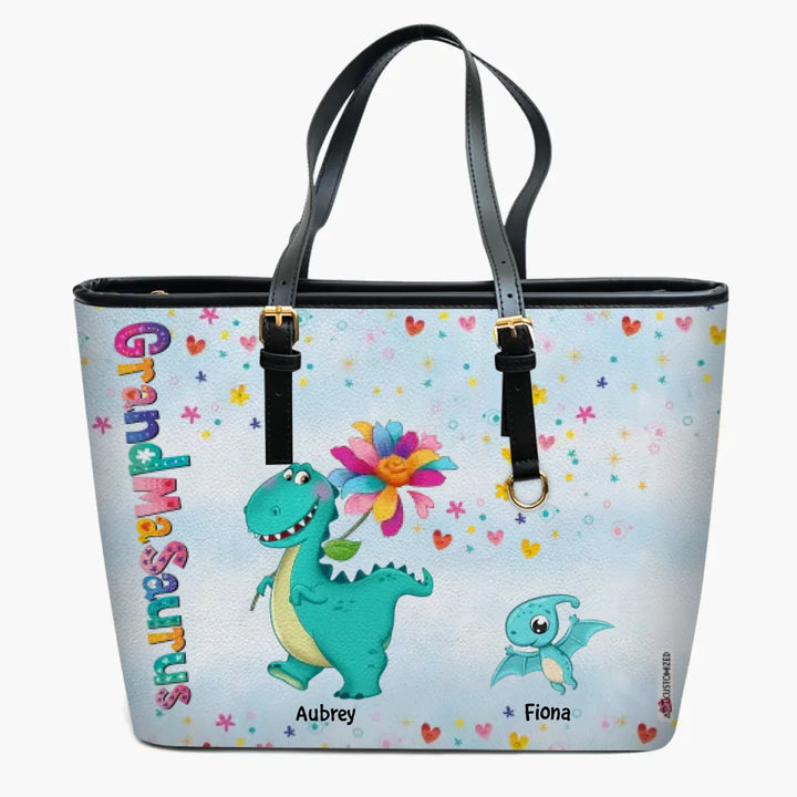 Personalized Custom Leather Bucket Bag - Mother's Day Gift For Grandma, Mom - Grandmasaurus