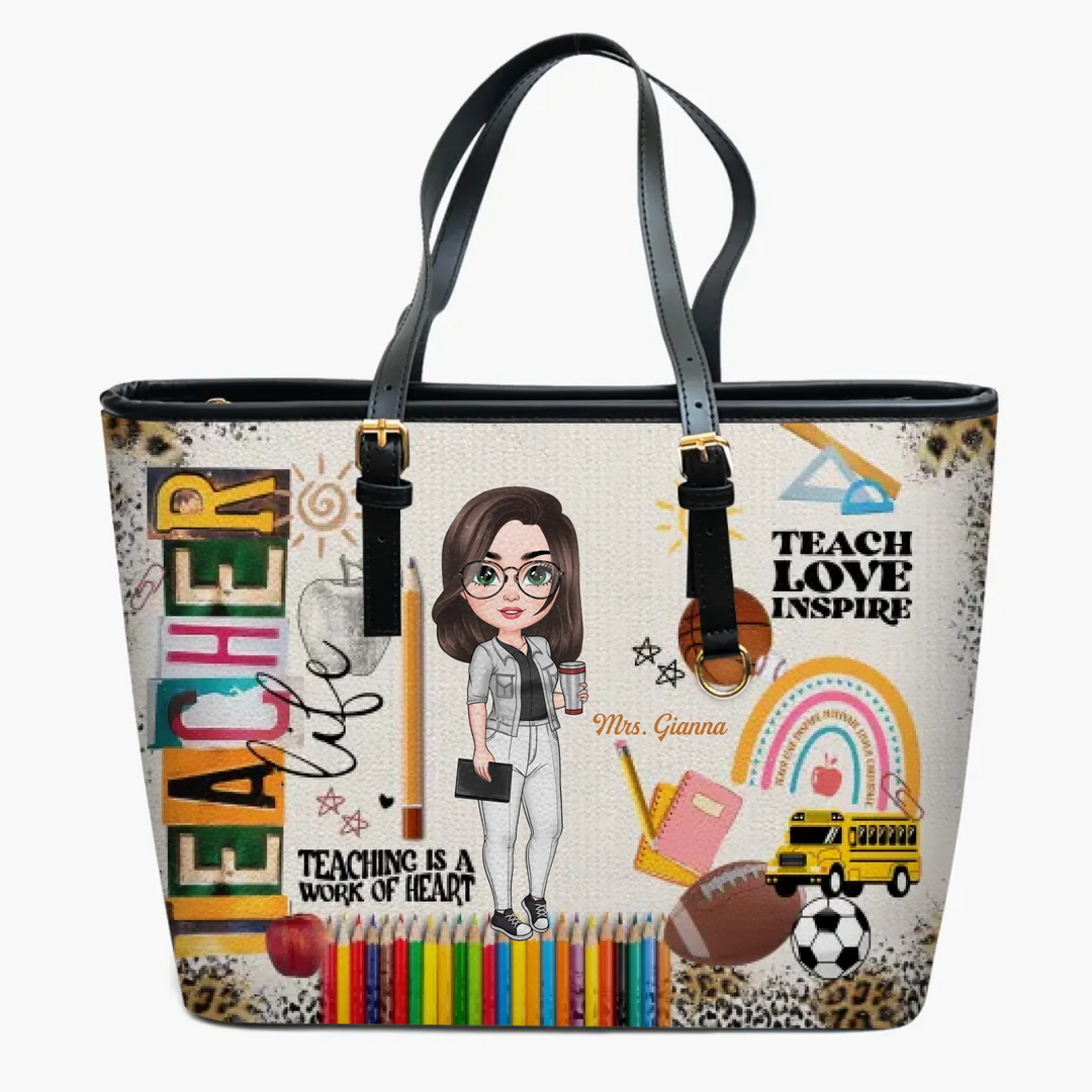 Personalized Custom Leather Bucket Bag - Teacher's Day, Birthday Gift For Teacher - Teaching Is A Work Of Heart