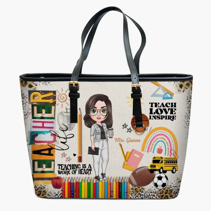 Personalized Custom Leather Bucket Bag - Teacher's Day, Birthday Gift For Teacher - Teaching Is A Work Of Heart