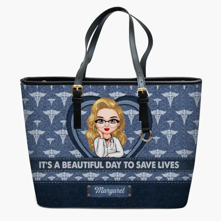 Personalized Leather Bucket Bag - Gift For Nurse - It's A Beautiful Day To Save Lives ARND018