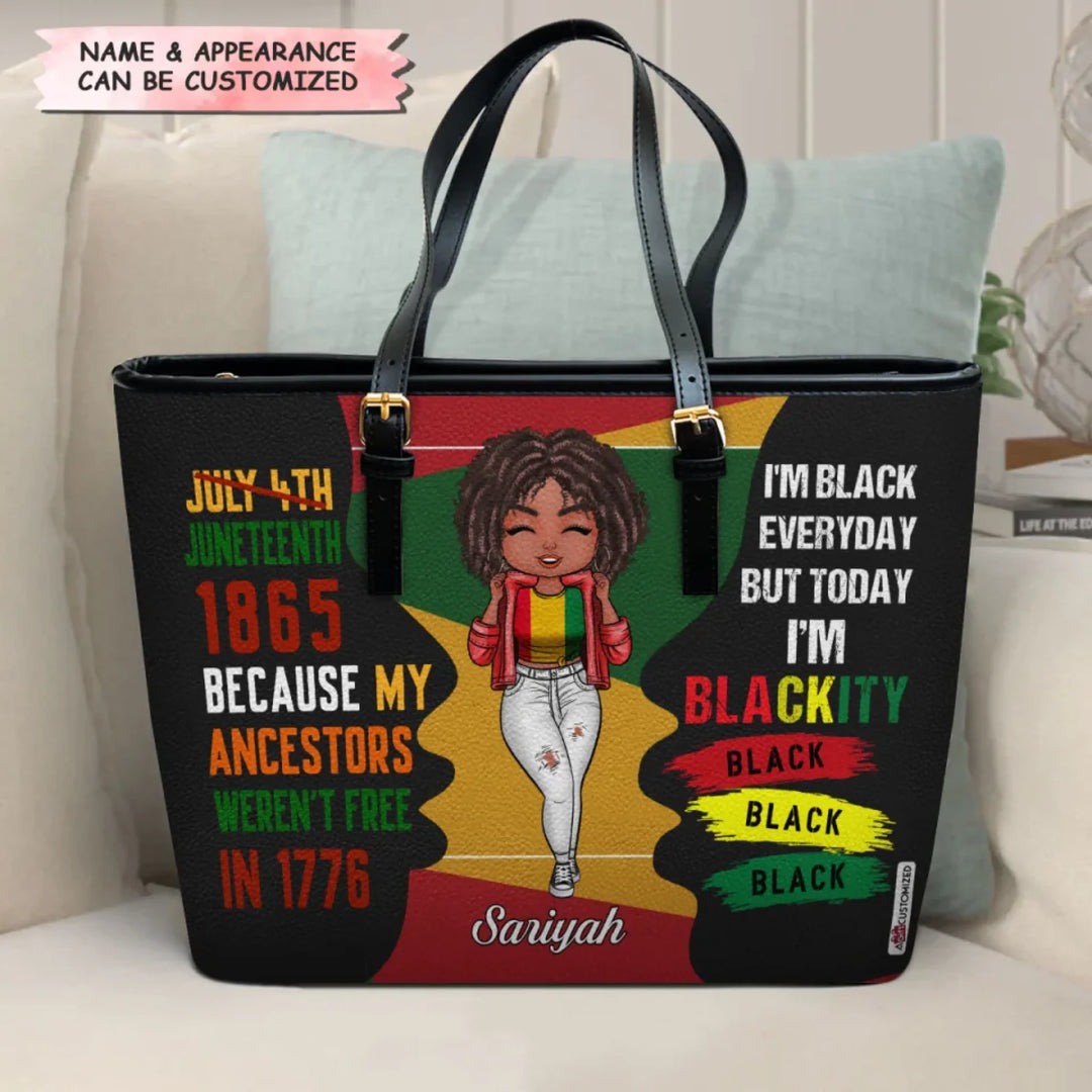MK_LEATHER BUCKET BAG_BLACK WOMAN_JUNETEENTH 1865 BECAUSE MY ANCESTORS WEREN'T FREE IN 1776_ADSG021-1