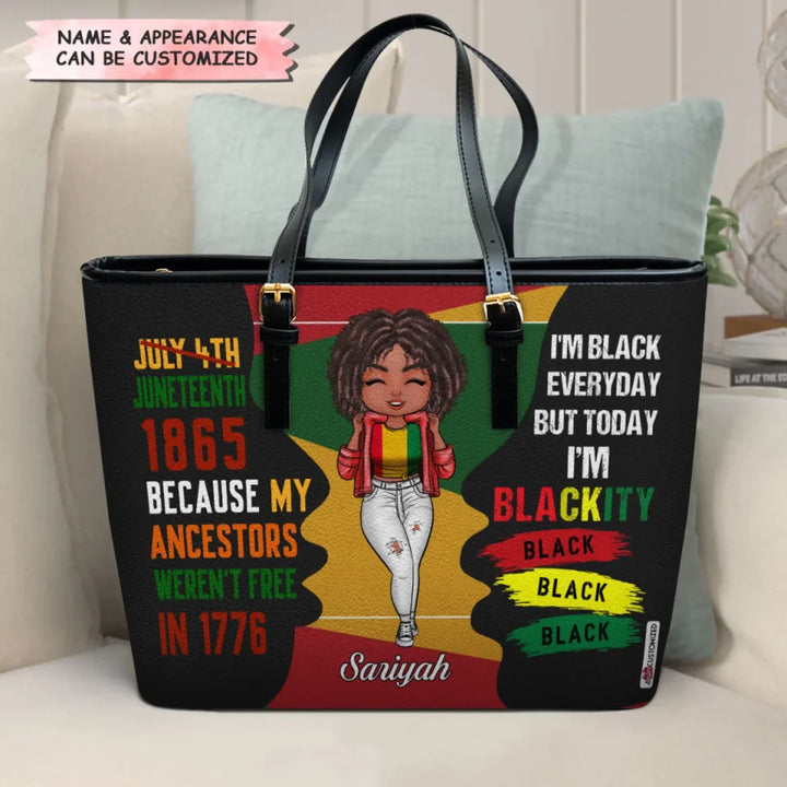 MK_LEATHER BUCKET BAG_BLACK WOMAN_JUNETEENTH 1865 BECAUSE MY ANCESTORS WEREN'T FREE IN 1776_ADSG021-1