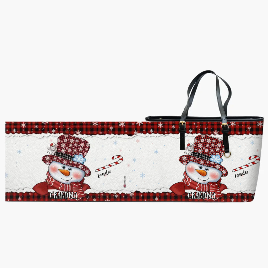 Grandma Snowman Christmas - Personalized Custom Leather Bucket Bag - Christmas Gift For Grandma