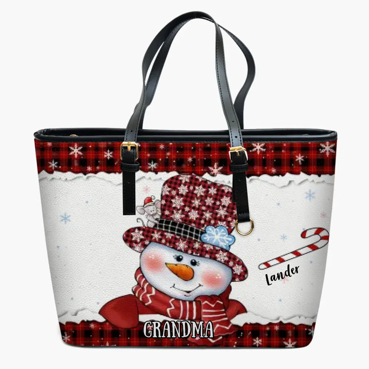 Grandma Snowman Christmas - Personalized Custom Leather Bucket Bag - Christmas Gift For Grandma